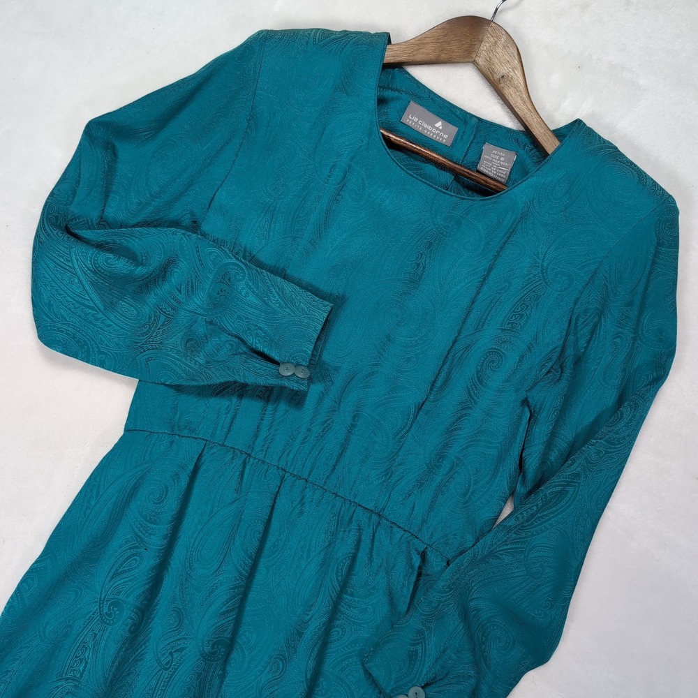 Vintage Liz Claiborne Dress Women 8P Teal Silk Paisley Jacquard Faux Wrap 80s 90